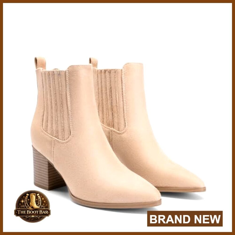 Pointed Toe Ankle Boots Chunky Block Heel Slip On Booties Classic Fall Shoes - Picture 4 of 7